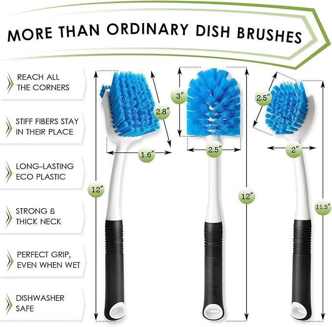 MOSOLAN Dish Brush Set of 3 with Water Bottle Brush, Dish Scrub Brush and Scrubber Brush, Long Handle Kitchen Scrub Brushes for Dishes, Bottles, Cups, Pots, Pans and Sinks, Round Head