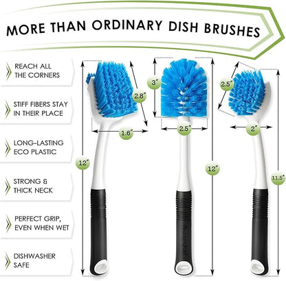 MOSOLAN Dish Brush Set of 3 with Water Bottle Brush, Dish Scrub Brush and Scrubber Brush, Long Handle Kitchen Scrub Brushes for Dishes, Bottles, Cups, Pots, Pans and Sinks, Round Head