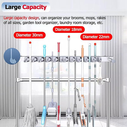 Mop Holder Rack with Rolling Wheels, Industrial Steel Freestanding Broom Storage Utility Cart, Home/Garage/Garden Tool Organizer, Heavy-Duty, Supports up to 220lbs