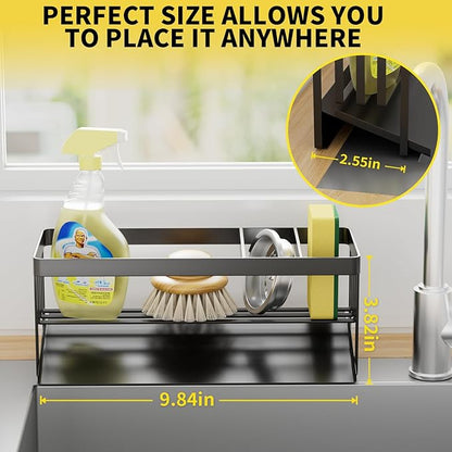 Kitchen Sink Caddy Organzier with Sponge Holder and Removable Drip Tray for Kitchen Sink, 304 Stainless Steel Organize for Sponge Soap Dish Brush Storage Accessories(Black)