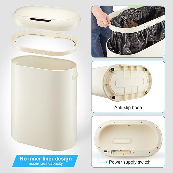OUTLANE Touchless Motion Detector Kitchen Trash Can - 13 Gallon/50L Slim Garbage Bin - Soft-Close Lid - Smart Design - for Kitchen, Bathroom, Office - Beige, One Size