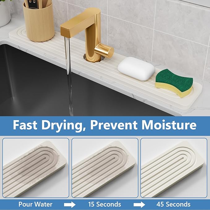 24'' Longer Stone Faucet Mat for Kitchen Sink [Super Absorbent, 30s Quick Drying] Water Absorbing Stone Tray for Sink Stone Mat for Kitchen Sink Stone Quick Dry Around Faucet Diatomite Stone Sink Tray
