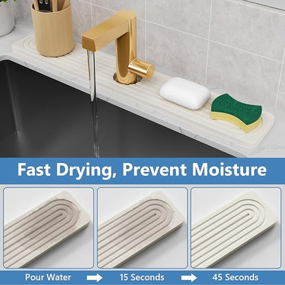 24'' Longer Stone Faucet Mat for Kitchen Sink [Super Absorbent, 30s Quick Drying] Water Absorbing Stone Tray for Sink Stone Mat for Kitchen Sink Stone Quick Dry Around Faucet Diatomite Stone Sink Tray