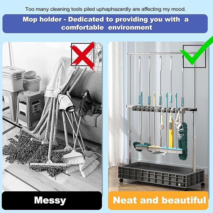 SARKEY Mobile Broom Mop Holder,Rolling Janitor Cart With Wheels,Freestanding Storage Cart,Keep Your Cleaning Tools Organized,For Garage,Garden,Schools,Hotels(105x45x170cm(41x18x67in))