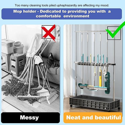 SARKEY Mobile Broom Mop Holder,Rolling Janitor Cart With Wheels,Freestanding Storage Cart,Keep Your Cleaning Tools Organized,For Garage,Garden,Schools,Hotels(105x45x170cm(41x18x67in))