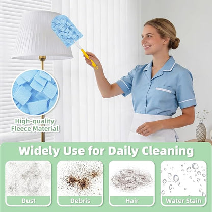 12 PCS Fleece Reusable Duster Refills Compatible with Swiffer Handle, Washable Heavy Duty Duster Pads for Fan, Window, Furniture, Car, 360 Cleaning Cloths Include 1 Handle