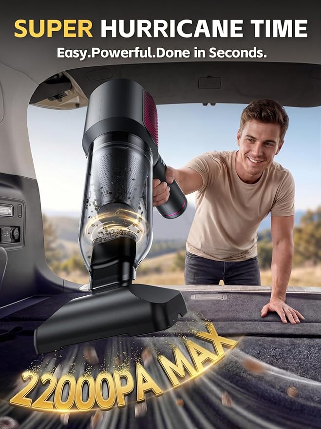 REWONDER Handheld Car Vacuum Cleaner, 22000Pa & 110000RPM Powerful Suction Car Vacuum, Cordless Portable Vacuum with 7800mAh Battery, Multi-Nozzles & Storage Bag for Car, Home, Pet Hair Cleaning