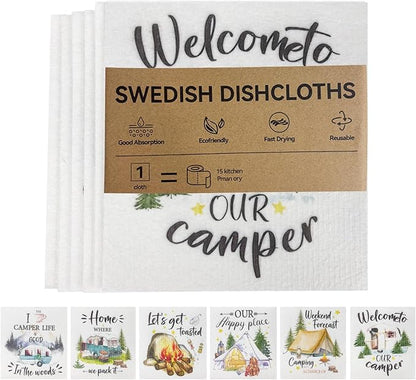 Kitchen Towels Swedish Dishcloths - 6 Count Reusable Paper Towels, Ultra Absorbent Odor Free Eco Friendly Biodegradable Cleaning Rags, (Camp)