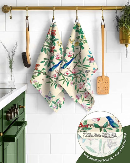 Miss Adola Flour Sack Kitchen Towels - Set of 2 Spring Dish Towels with Hanging Loop 18x26 Inch Absorbent Reusable Cotton Cloths for Cleaning Cute Design Home Decorative Housewarming, Leaf Flower Bird