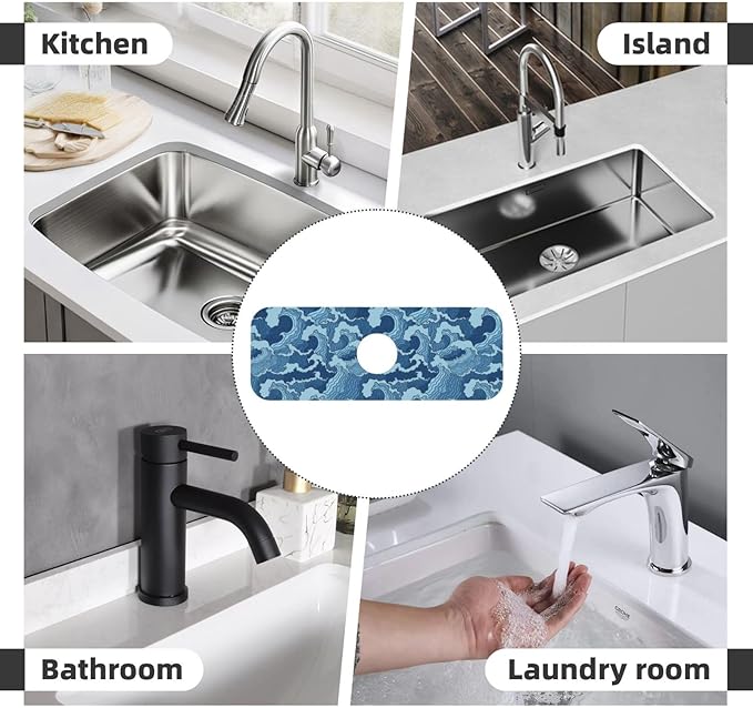 Waves Japan Blue 15" X 5.5" Kitchen Sink Splash Guard Faucet Faucet Guard Draining Mat Sink Splash Guard Faucet Kitchen Bathroom