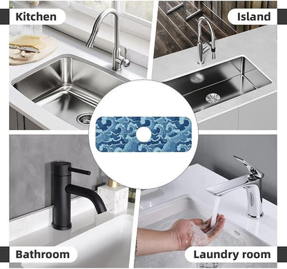 Waves Japan Blue 15" X 5.5" Kitchen Sink Splash Guard Faucet Faucet Guard Draining Mat Sink Splash Guard Faucet Kitchen Bathroom
