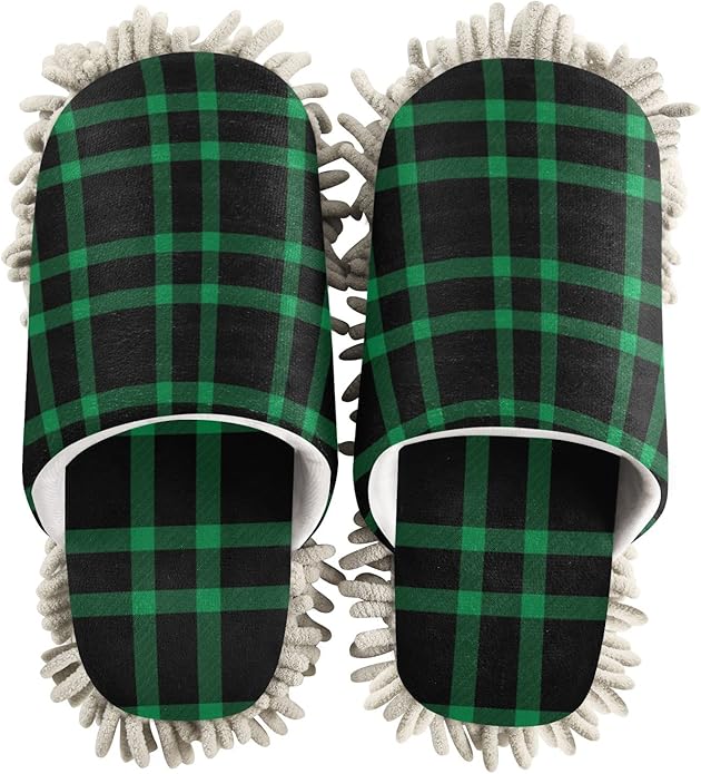 Kigai Microfiber Cleaning Slippers Black Green Plaid Washable Mop Shoes Slipper for Men/Women House Floor Dust Cleaner, Size L