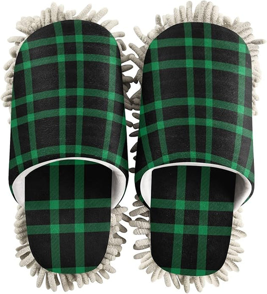 Kigai Microfiber Cleaning Slippers Black Green Plaid Washable Mop Shoes Slipper for Men/Women House Floor Dust Cleaner, Size L