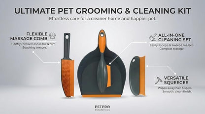 Paws & Co. Pet Hair Remover for Dogs Cats - 4-in-1 Cleaning Kit with Grooming Brush, Massage Comb & Dustpan - Fur Cleaner for Furniture, Carpet, Car, Sofa