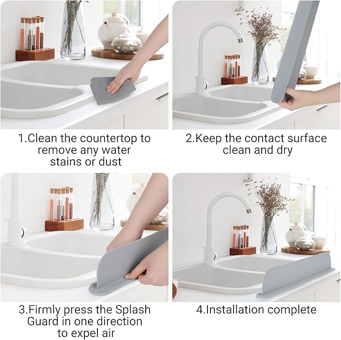 19.3 inch Kitchen Sink Splash Guard, Silicone Sink Baffle Splash Guard, Backsplash Protector for Kitchen Countertop & Bathroom Bathtub with Non-Slip Strong Suction, Gray, Pack of 2