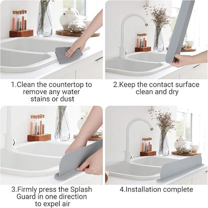 19.3 inch Kitchen Sink Splash Guard, Silicone Sink Baffle Splash Guard, Backsplash Protector for Kitchen Countertop & Bathroom Bathtub with Non-Slip Strong Suction, Gray, Pack of 2