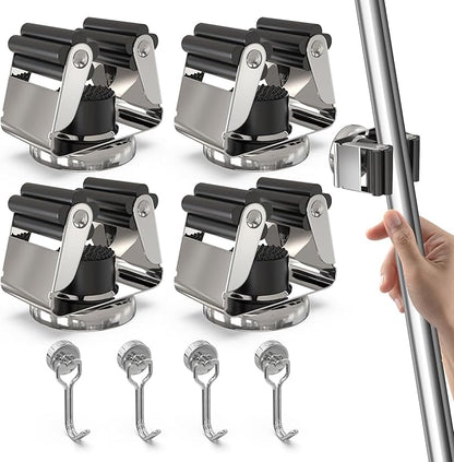 3-H Magnetic Broom Holder 8 Piece Set, 304 Stainless Steel Broom Holder Wall Mount, No Drilling Magnetic Tool Holder with 4 Mini Magnetic Hooks for Garage Garden Laundry Kitchen, Silver