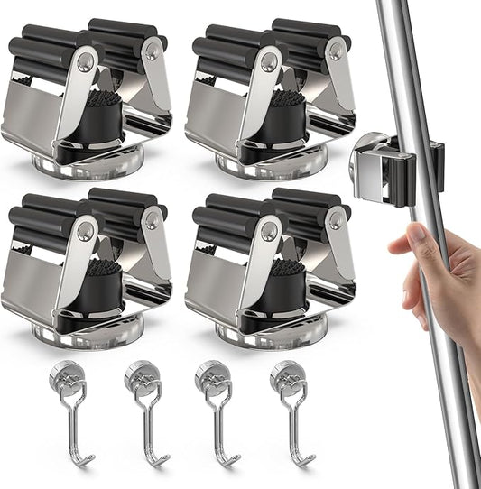 3-H Magnetic Broom Holder 8 Piece Set, 304 Stainless Steel Broom Holder Wall Mount, No Drilling Magnetic Tool Holder with 4 Mini Magnetic Hooks for Garage Garden Laundry Kitchen, Silver
