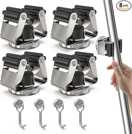 3-H Magnetic Broom Holder with Strong Magnetic Hook 8 Pack,Broom Holder Wall Mount for Garage Garden Shed Storage System Laundry Room Home Kitchen Organization