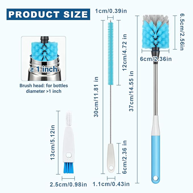 Bottle Brush 15-inch Long Bottle Brush, Kitchen Brush Set with Straw Cleaner and Cup Lid Cleaning Brush. Bottle Brushes Suitable for Water Bottles, Cups, Glasses, Baby Bottles (4, Blue)