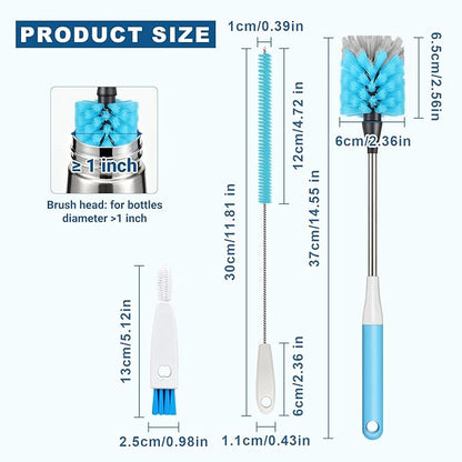 Bottle Brush 15-inch Long Bottle Brush, Kitchen Brush Set with Straw Cleaner and Cup Lid Cleaning Brush. Bottle Brushes Suitable for Water Bottles, Cups, Glasses, Baby Bottles (4, Blue)