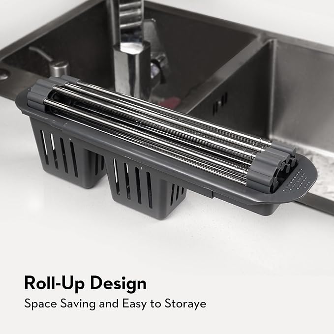 Roll Up Dish Drying Rack Over The Sink, 304 Stainless Stee Dish Drainer, Foldable & Adjustable Sink Drying Rack for Kitchen Sink Counter with Utensil Holder (Gray, Roll Up,Medium,Expandable)