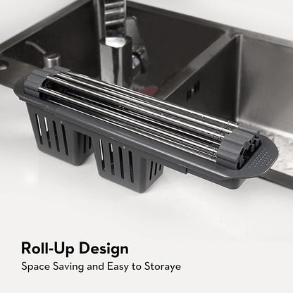 Roll Up Dish Drying Rack Over The Sink, 304 Stainless Stee Dish Drainer, Foldable & Adjustable Sink Drying Rack for Kitchen Sink Counter with Utensil Holder (Gray, Roll Up,Medium,Expandable)