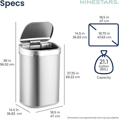Ninestars DZT-80-35 Deluxe Automatic Touchless Infrared Motion Sensor Trash Can, 21 Gal 80L, Heavy Duty Stainless Steel Base (Oval, Silver/Brush Lid) Trashcan, Ss