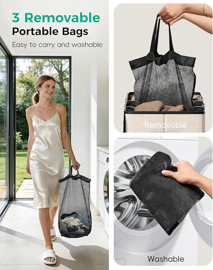 185L Laundry Hamper with Lid, 3 Section Laundry Sorter, Dirty Clothes Hamper with 3 Removable Bags, Extra Large Collapsible Laundry Basket for Home, Laundry Room