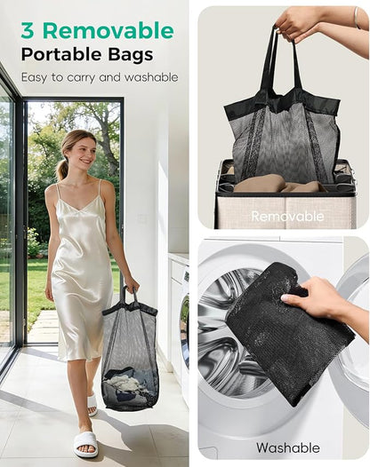 185L Laundry Hamper with Lid, 3 Section Laundry Sorter, Dirty Clothes Hamper with 3 Removable Bags, Extra Large Collapsible Laundry Basket for Home, Laundry Room