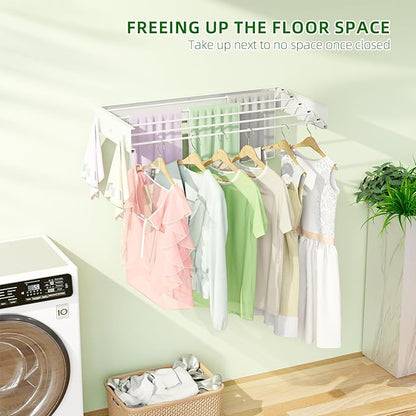 Wall Mounted Drying Rack for Laundry 31.5'', Folding Clothes Drying Rack Wall Mount with 5 Rods and 6 Hooks, Space Saving Collapsible Towel Rack for Indoor Outdoor Bathroom Balcony (White, 31.5'')