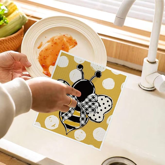 Bee Summer Yellow Swedish Dishcloths for Kitchen, Swedish Dish Cloths for Bee Happy, Papaya Reusable Paper Towels, 4 Pack Dish Towels for Kitchen, Papaya Reusable Paper Towels Washable