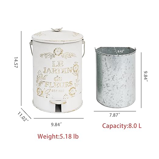 Rustic Farmhouse Decor Trash Can with Lid and Pedal Retro Handmade Distressed Design Pattern Round Garbage Cans Recycling Waste Bin for Home Patio Yard Bathroom Kitchen Garden Living Room White&Gold