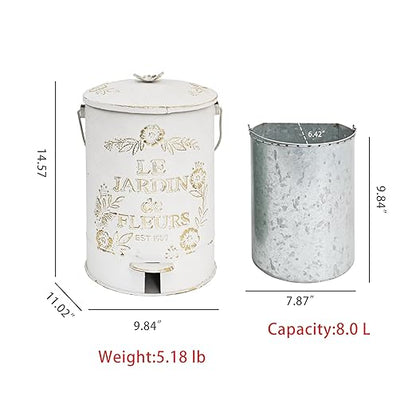 Rustic Farmhouse Decor Trash Can with Lid and Pedal Retro Handmade Distressed Design Pattern Round Garbage Cans Recycling Waste Bin for Home Patio Yard Bathroom Kitchen Garden Living Room White&Gold