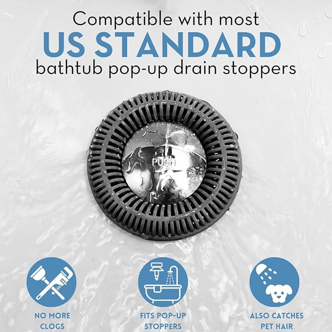 Hair Catcher for Shower Drain & Bathtub – TubRing Pop-Up Drain Protector & Strainer, Reusable Silicone Stopper for Bathroom Clog Prevention, Fits 1.85"–2.16" Drains | Charcoal Gray