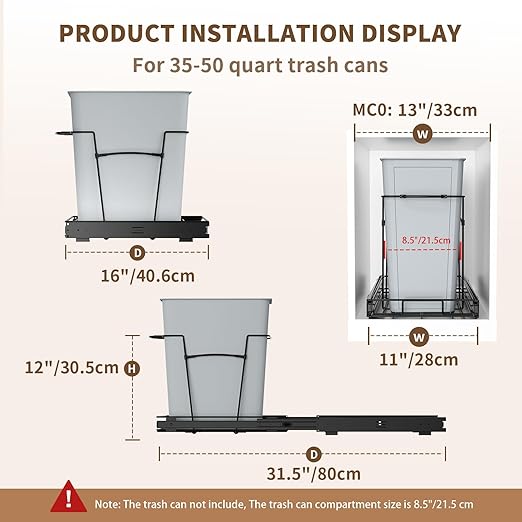 Pull Out Trash Can for Kitchen Cabinets, 35 Qt Under Sink Garbage Bin with Full Extension Slides, Fits 13" W x 18" D Opening Cabinets, Heavy-Duty Black Steel Organizer (Trash Can Not Included)