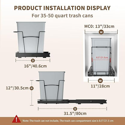 Pull Out Trash Can for Kitchen Cabinets, 35 Qt Under Sink Garbage Bin with Full Extension Slides, Fits 13" W x 18" D Opening Cabinets, Heavy-Duty Black Steel Organizer (Trash Can Not Included)