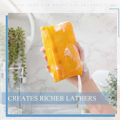 Sunnyray 4 Pieces Soap Saver Pouch for Bar Soap, Loofah Bath Scrubber Exfoliating Sponge for Baths and Showers, Soap Saver Holder Foaming and Drying Pocket Wash Bag, White Yellow Blue Cyan