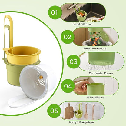 Hanging Food Waste Catcher for Sink, Sink Strainer Basket with Press Dumping, Self-Cleaning Design – Food Strainer for Sink, Faucet-Mounted Trash Catcher for Kitchen (Green)