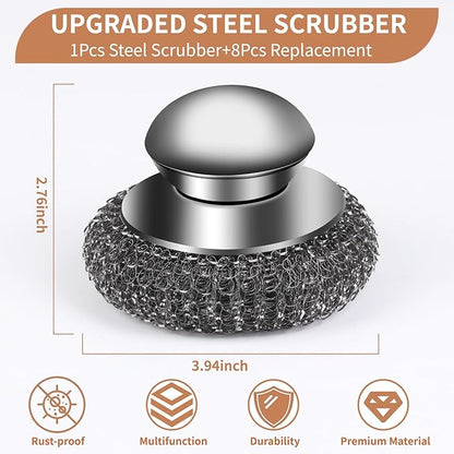 9Pcs Steel Wool Scrubber with Replacement Wire Sponge Pads Set, Stainless Steel Scrubber with Handle for Scouring Messes from Cast Iron, Frying pan, Pots, Pans, Grill, Stoves, Sink(1 Scrubber+8 Pads)