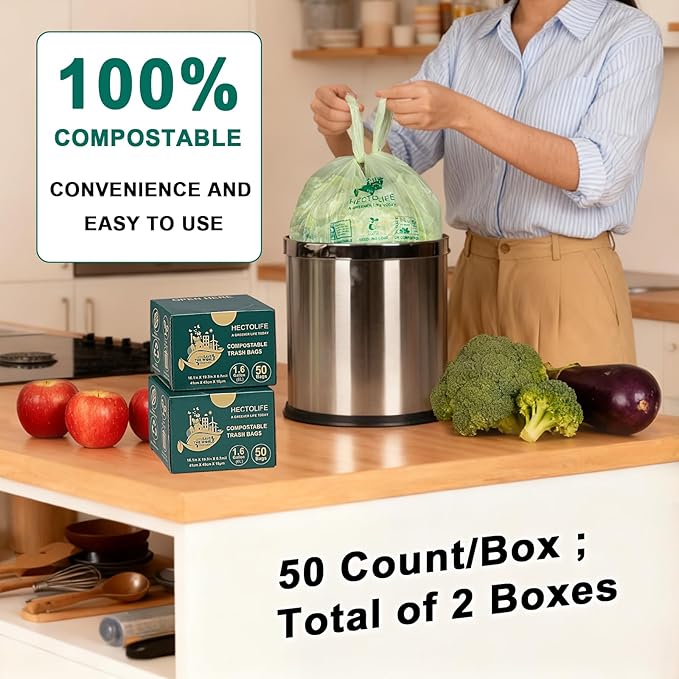 HECTOLIFE 1.6 Gallon 300 Count,Compostable Bags Handle Tie,Tear Resistant Kitchen Food Scrap Waste Bag, ASTM D6400, US BPI and Europe OK Compost Home Certified