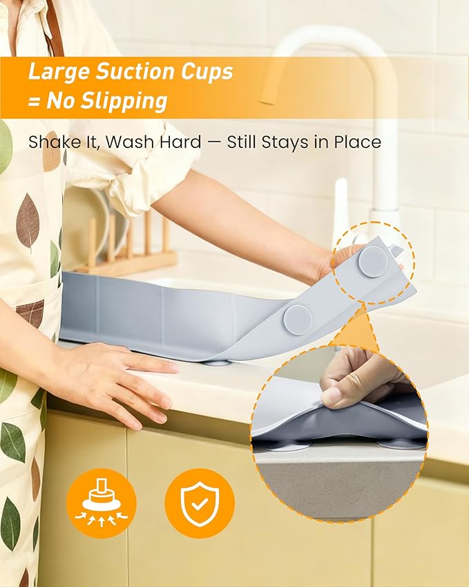 Kitchen Sink Splash Guard 30" 23" 18" Silicone Water Guard with Suction Cups, Faucet & Countertop Protector, Bathroom & Sink Edge Splash Guard Strip, Easy Install, Dishwasher Safe-Grey