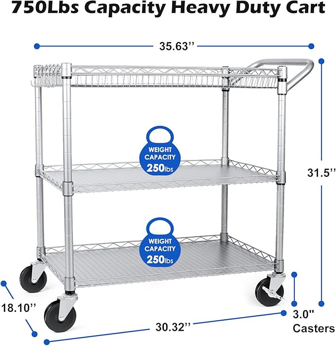 WDT Heavy Duty 3 Tier Utility Cart,Wire Rolling Carts with Wheels, Commercial Grade Service Cart with Shelving Liners and Handle Bar Metal Carts for Kitchen Office Hardware