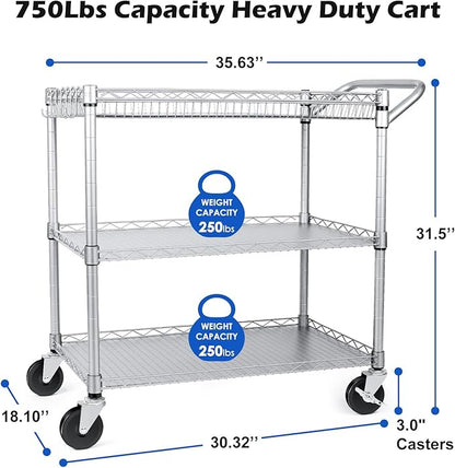 WDT Heavy Duty 3 Tier Utility Cart,Wire Rolling Carts with Wheels, Commercial Grade Service Cart with Shelving Liners and Handle Bar Metal Carts for Kitchen Office Hardware