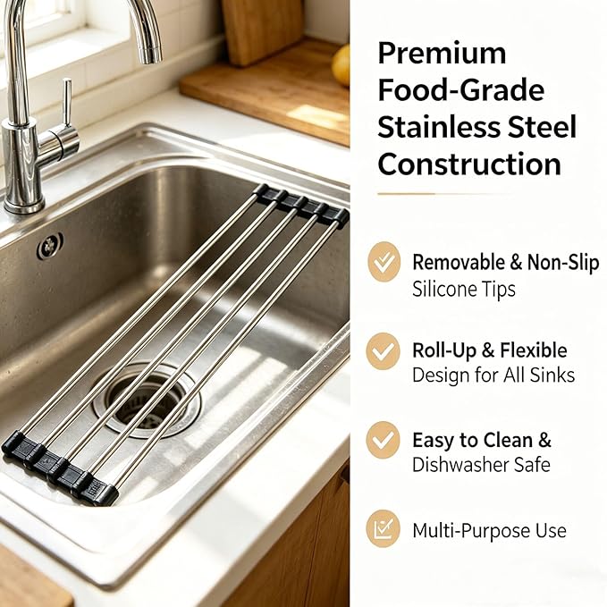 Ahyuan Roll up Dish Drying Rack Over The Sink Kitchen Roll up Sink Drying Rack Portable Dish Drainer Foldable Dish Drying Rack (Black, 17.8''X3.7'')