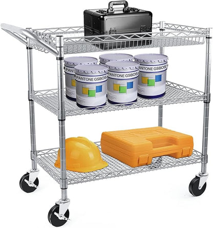 WDT Heavy Duty 3 Tier Utility Cart,Wire Rolling Carts with Wheels, Commercial Grade Service Cart with Shelving Liners and Handle Bar Metal Carts for Kitchen Office Hardware