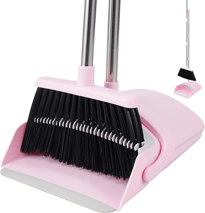 BSKLIN Broom and Dustpan Set, 52” Long Adjustable Handle Broom with Dustpan Combo Set with Dust Pan Teeth to Clean Hair for Home Lobby Office (Pink)