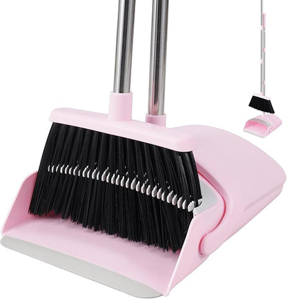 BSKLIN Broom and Dustpan Set, 52” Long Adjustable Handle Broom with Dustpan Combo Set with Dust Pan Teeth to Clean Hair for Home Lobby Office (Pink)