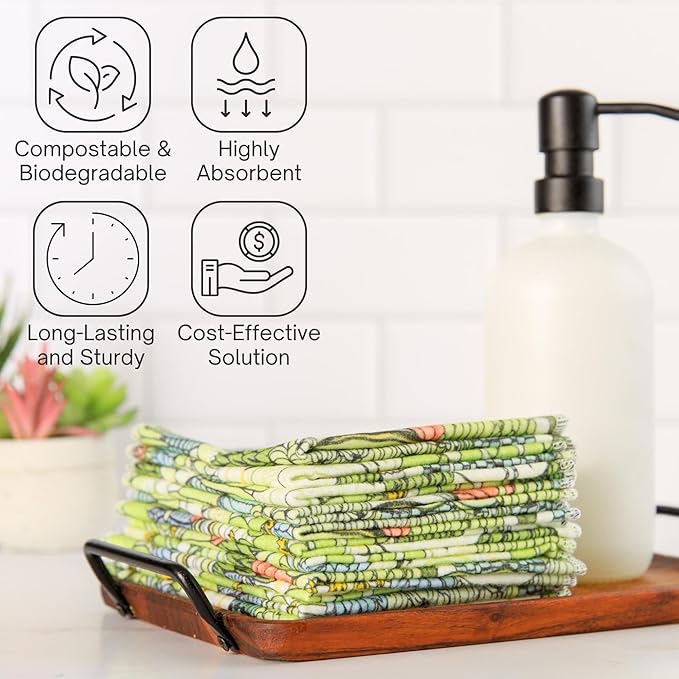 Reusable Paper Towels (12"x10”) - Soft Absorbent 100% Washable Paper Towels - Reusable Paper Towels Washable w/Cardboard Roll - Reusable Napkins (Cactus, 12x10inch)