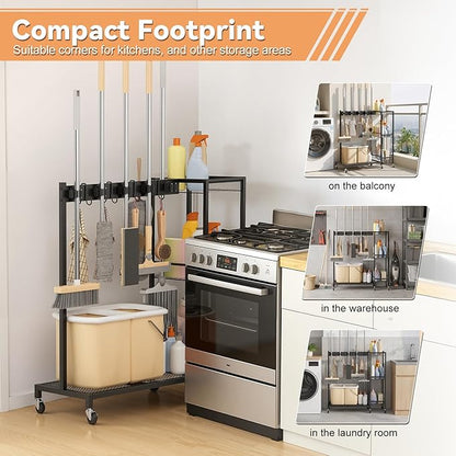 Heavy Duty Rolling Storage Cart & Cleaning Caddy - Freestanding Broom and Mop Organizer, 3-Tier Utility Cart on Wheels for Laundry Room Organization and Storage, Garage & Home Organization Bl
